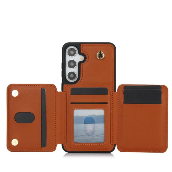 For Samsung Galaxy S24+ 5G YM006 Skin Feel Zipper Card Bag Phone Case with Dual Lanyard(Brown)