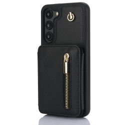 For Samsung Galaxy S23+ 5G YM006 Skin Feel Zipper Card Bag Phone Case with Dual Lanyard(Black)