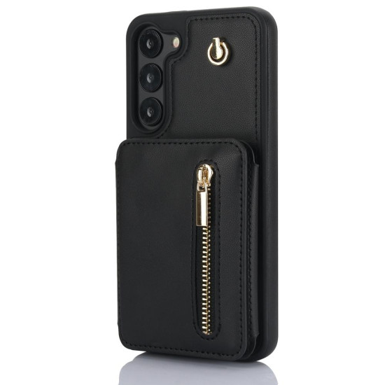For Samsung Galaxy S23+ 5G YM006 Skin Feel Zipper Card Bag Phone Case with Dual Lanyard(Black)