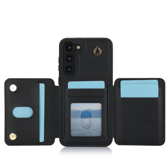 For Samsung Galaxy S23+ 5G YM006 Skin Feel Zipper Card Bag Phone Case with Dual Lanyard(Black)