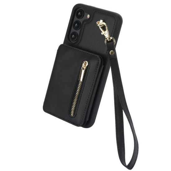 For Samsung Galaxy S23+ 5G YM006 Skin Feel Zipper Card Bag Phone Case with Dual Lanyard(Black)
