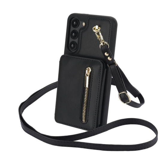For Samsung Galaxy S23+ 5G YM006 Skin Feel Zipper Card Bag Phone Case with Dual Lanyard(Black)