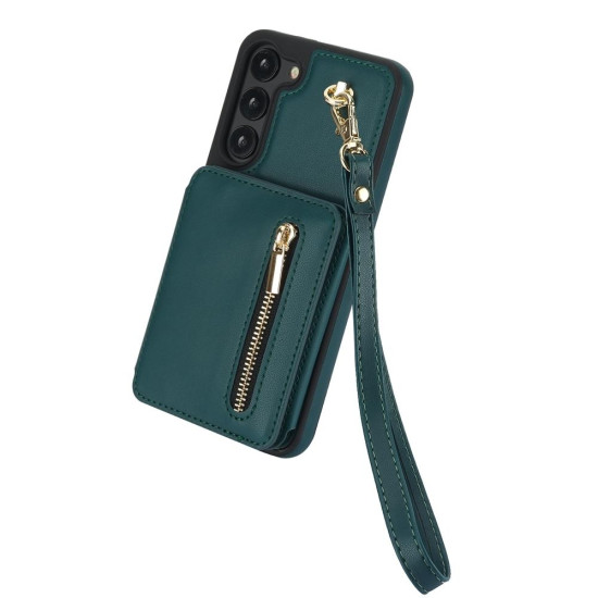 For Samsung Galaxy S23+ 5G YM006 Skin Feel Zipper Card Bag Phone Case with Dual Lanyard(Green)
