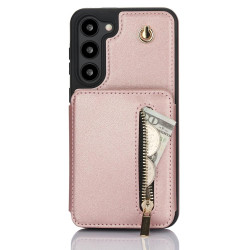 For Samsung Galaxy S23+ 5G YM006 Skin Feel Zipper Card Bag Phone Case with Dual Lanyard(Rose Gold)