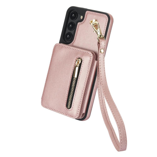 For Samsung Galaxy S23+ 5G YM006 Skin Feel Zipper Card Bag Phone Case with Dual Lanyard(Rose Gold)