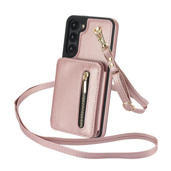 For Samsung Galaxy S23+ 5G YM006 Skin Feel Zipper Card Bag Phone Case with Dual Lanyard(Rose Gold)