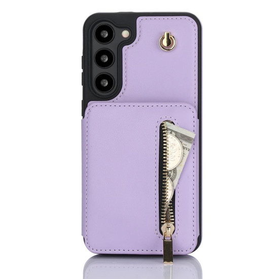 For Samsung Galaxy S23+ 5G YM006 Skin Feel Zipper Card Bag Phone Case with Dual Lanyard(Light Purple)
