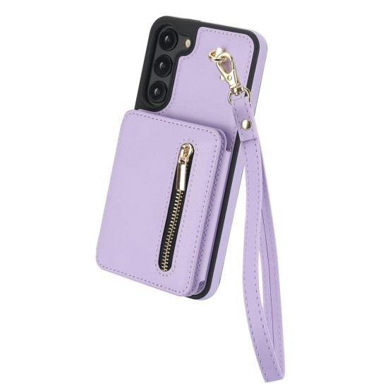 For Samsung Galaxy S23+ 5G YM006 Skin Feel Zipper Card Bag Phone Case with Dual Lanyard(Light Purple)