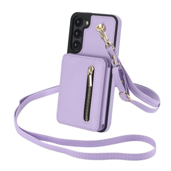 For Samsung Galaxy S23+ 5G YM006 Skin Feel Zipper Card Bag Phone Case with Dual Lanyard(Light Purple)