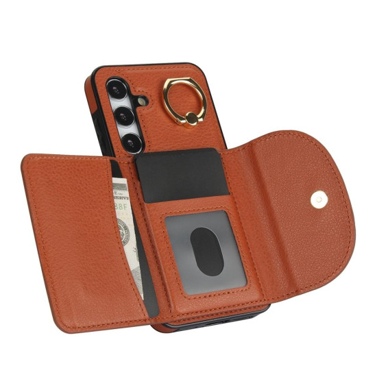 For Samsung Galaxy S24+ 5G YM007 Ring Holder Card Bag Skin Feel Phone Case(Brown)