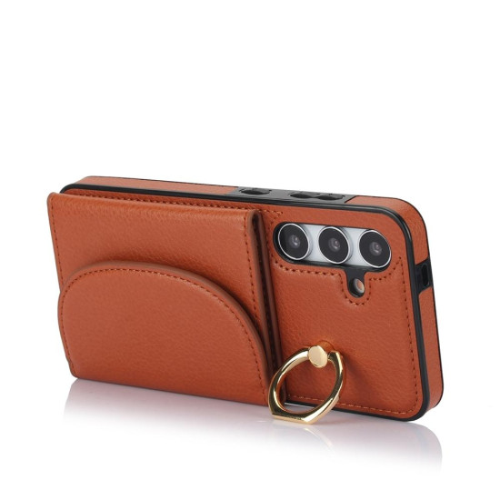 For Samsung Galaxy S24+ 5G YM007 Ring Holder Card Bag Skin Feel Phone Case(Brown)