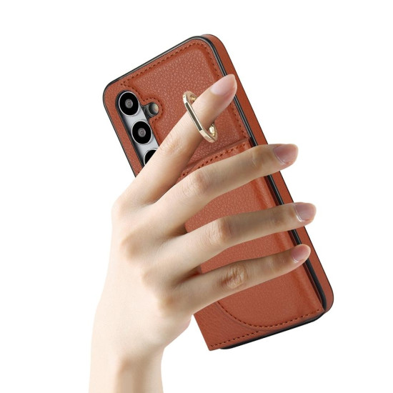 For Samsung Galaxy S24+ 5G YM007 Ring Holder Card Bag Skin Feel Phone Case(Brown)