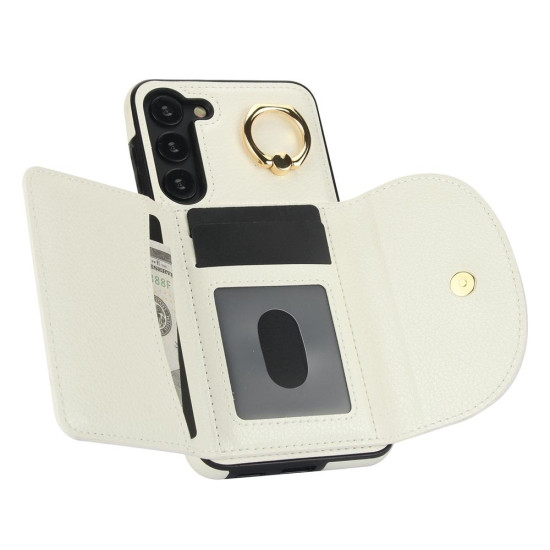For Samsung Galaxy S23+ 5G YM007 Ring Holder Card Bag Skin Feel Phone Case(White)