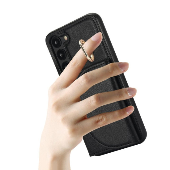 For Samsung Galaxy S23+ 5G YM007 Ring Holder Card Bag Skin Feel Phone Case(Black)