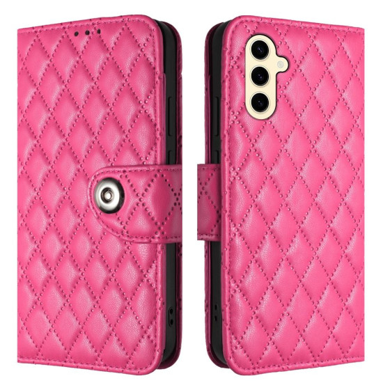 For Samsung Galaxy S24+ 5G Rhombic Texture Flip Leather Phone Case with Lanyard(Rose Red)