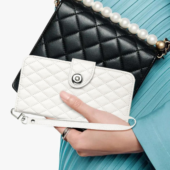 For Samsung Galaxy S24+ 5G Rhombic Texture Flip Leather Phone Case with Lanyard(White)