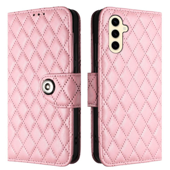 For Samsung Galaxy S24+ 5G Rhombic Texture Flip Leather Phone Case with Lanyard(Pink)