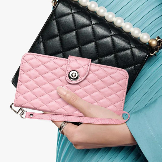 For Samsung Galaxy S24+ 5G Rhombic Texture Flip Leather Phone Case with Lanyard(Pink)