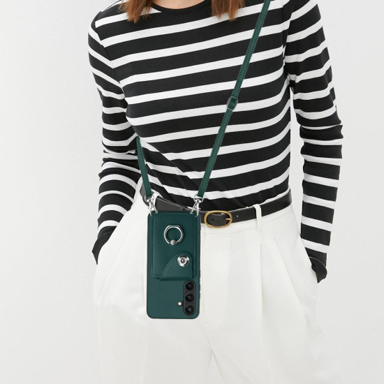 For Samsung Galaxy S24+ 5G Organ Card Bag Ring Holder Phone Case with Long Lanyard(Green)