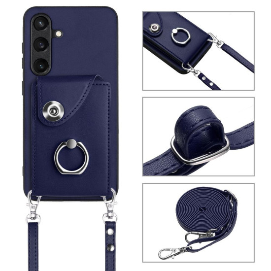 For Samsung Galaxy S24+ 5G Organ Card Bag Ring Holder Phone Case with Long Lanyard(Blue)