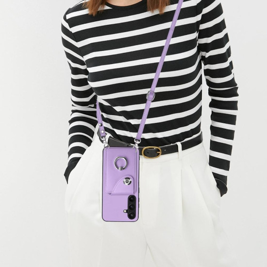 For Samsung Galaxy S24+ 5G Organ Card Bag Ring Holder Phone Case with Long Lanyard(Purple)