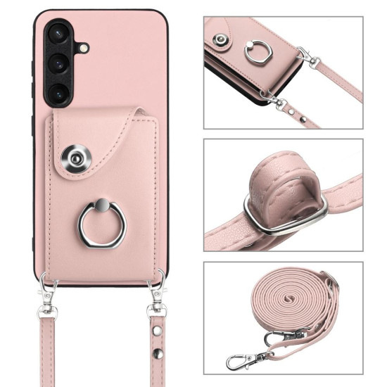 For Samsung Galaxy S24+ 5G Organ Card Bag Ring Holder Phone Case with Long Lanyard(Pink)