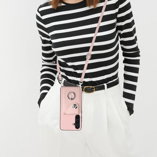 For Samsung Galaxy S24+ 5G Organ Card Bag Ring Holder Phone Case with Long Lanyard(Pink)