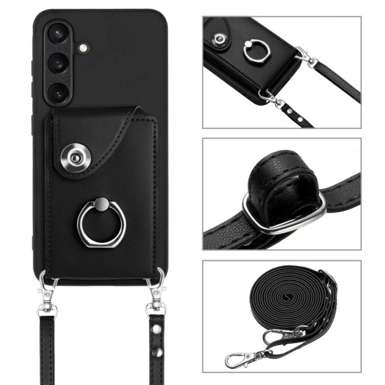 For Samsung Galaxy S24+ 5G Organ Card Bag Ring Holder Phone Case with Long Lanyard(Black)