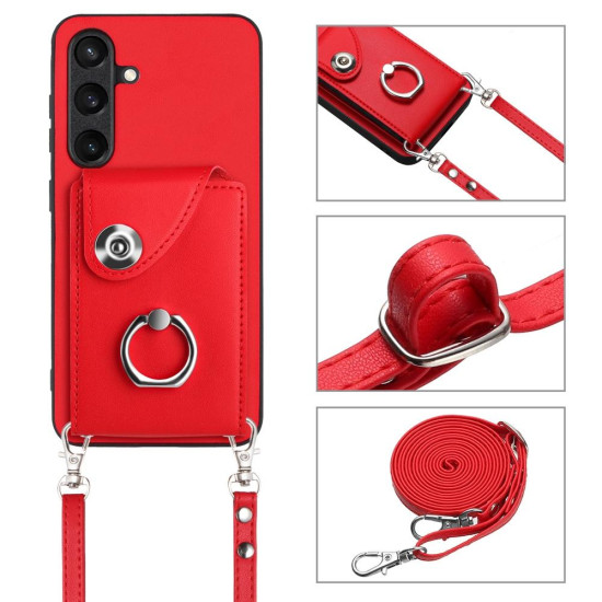 For Samsung Galaxy S24+ 5G Organ Card Bag Ring Holder Phone Case with Long Lanyard(Red)