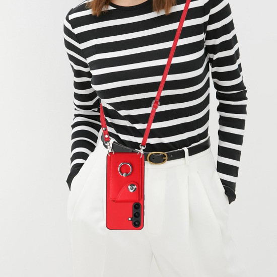 For Samsung Galaxy S24+ 5G Organ Card Bag Ring Holder Phone Case with Long Lanyard(Red)