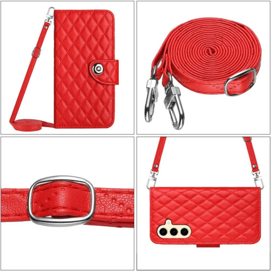 For Samsung Galaxy S24+ 5G Rhombic Texture Flip Leather Phone Case with Long Lanyard(Red)