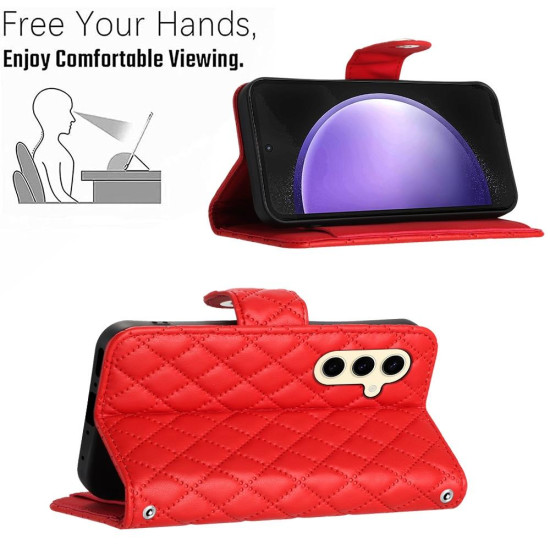 For Samsung Galaxy S24+ 5G Rhombic Texture Flip Leather Phone Case with Long Lanyard(Red)