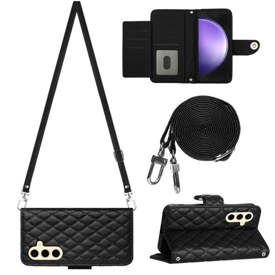 For Samsung Galaxy S24+ 5G Rhombic Texture Flip Leather Phone Case with Long Lanyard(Black)