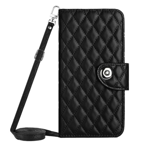 For Samsung Galaxy S24+ 5G Rhombic Texture Flip Leather Phone Case with Long Lanyard(Black)