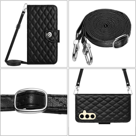 For Samsung Galaxy S24+ 5G Rhombic Texture Flip Leather Phone Case with Long Lanyard(Black)