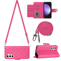 For Samsung Galaxy S24+ 5G Rhombic Texture Flip Leather Phone Case with Long Lanyard(Rose Red)