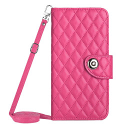 For Samsung Galaxy S24+ 5G Rhombic Texture Flip Leather Phone Case with Long Lanyard(Rose Red)