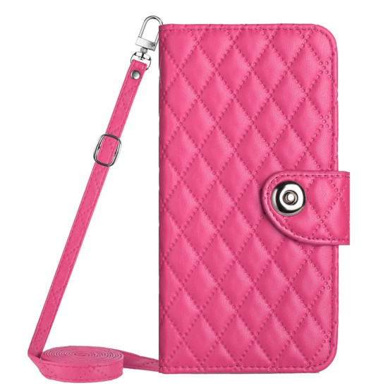 For Samsung Galaxy S24+ 5G Rhombic Texture Flip Leather Phone Case with Long Lanyard(Rose Red)