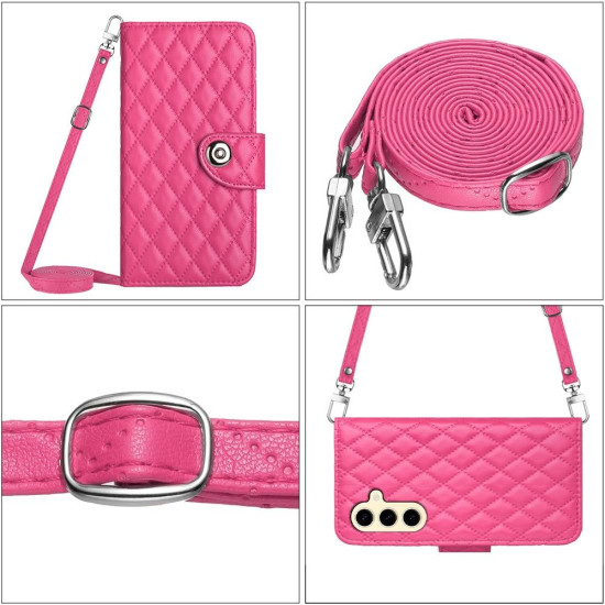For Samsung Galaxy S24+ 5G Rhombic Texture Flip Leather Phone Case with Long Lanyard(Rose Red)