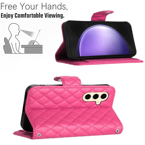 For Samsung Galaxy S24+ 5G Rhombic Texture Flip Leather Phone Case with Long Lanyard(Rose Red)
