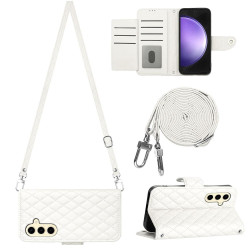 For Samsung Galaxy S24+ 5G Rhombic Texture Flip Leather Phone Case with Long Lanyard(White)