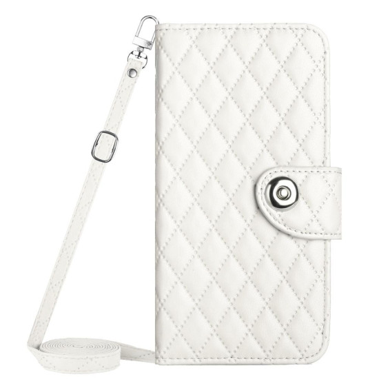 For Samsung Galaxy S24+ 5G Rhombic Texture Flip Leather Phone Case with Long Lanyard(White)