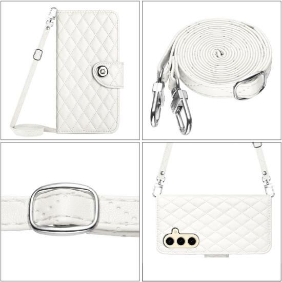 For Samsung Galaxy S24+ 5G Rhombic Texture Flip Leather Phone Case with Long Lanyard(White)