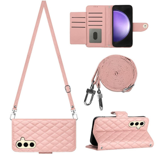 For Samsung Galaxy S24+ 5G Rhombic Texture Flip Leather Phone Case with Long Lanyard(Coral Pink)