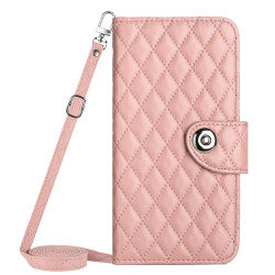 For Samsung Galaxy S24+ 5G Rhombic Texture Flip Leather Phone Case with Long Lanyard(Coral Pink)
