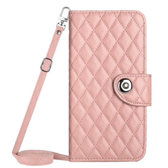 For Samsung Galaxy S24+ 5G Rhombic Texture Flip Leather Phone Case with Long Lanyard(Coral Pink)