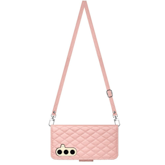 For Samsung Galaxy S24+ 5G Rhombic Texture Flip Leather Phone Case with Long Lanyard(Coral Pink)
