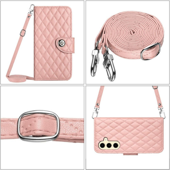 For Samsung Galaxy S24+ 5G Rhombic Texture Flip Leather Phone Case with Long Lanyard(Coral Pink)