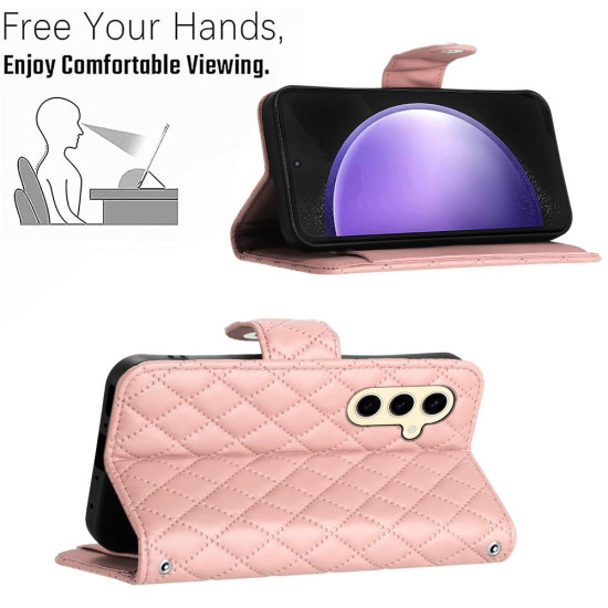 For Samsung Galaxy S24+ 5G Rhombic Texture Flip Leather Phone Case with Long Lanyard(Coral Pink)