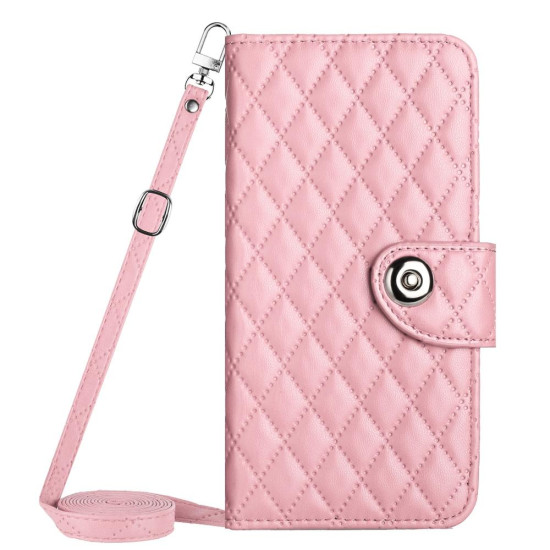 For Samsung Galaxy S24+ 5G Rhombic Texture Flip Leather Phone Case with Long Lanyard(Pink)